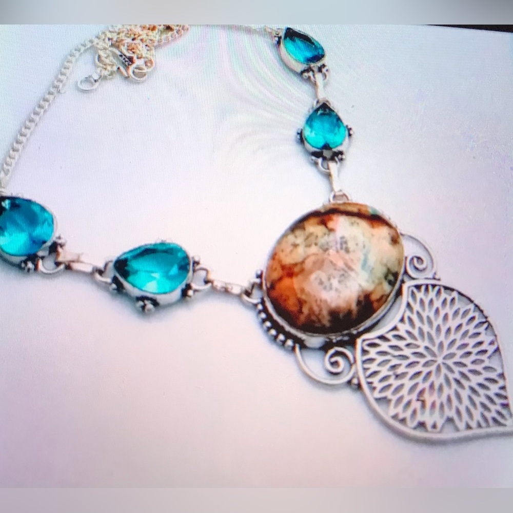 Blue Topaz Dendritic Opal Stamped 925 Sterling Silver Necklace